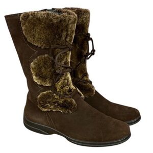 Ecco Brown Nubuck Suede Leather Fur-Trimmed Lace Detail Winter Boots Sz 9